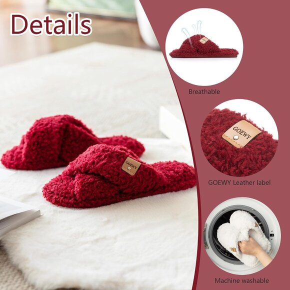 ⚡Women’s Wine Red Faux Fur Cozy Fuzzy Cross Band Slippers Indoor House Shoes - Picture 4 of 6